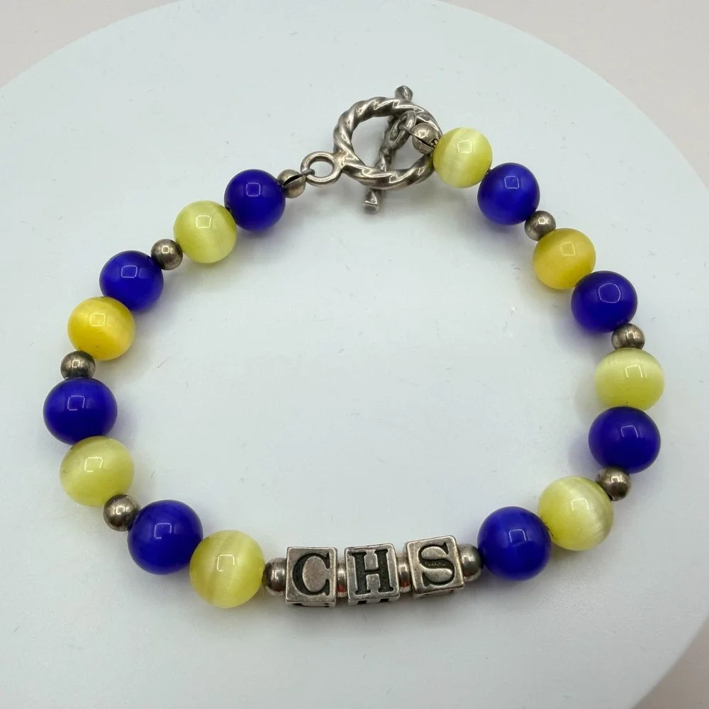 Vintage Y2K Women Silver Tone Toggle Cat Eye Bead CHS‎ Alphabet Bracelet Jewelry